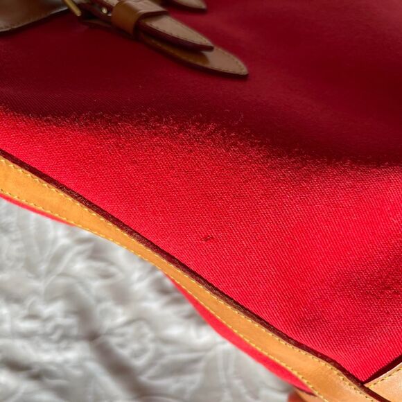 Vintage 90s Dooney & Bourke Cabriolet Red Canvas Tan Leather Bucket Bag Tote - Picture 6 of 13